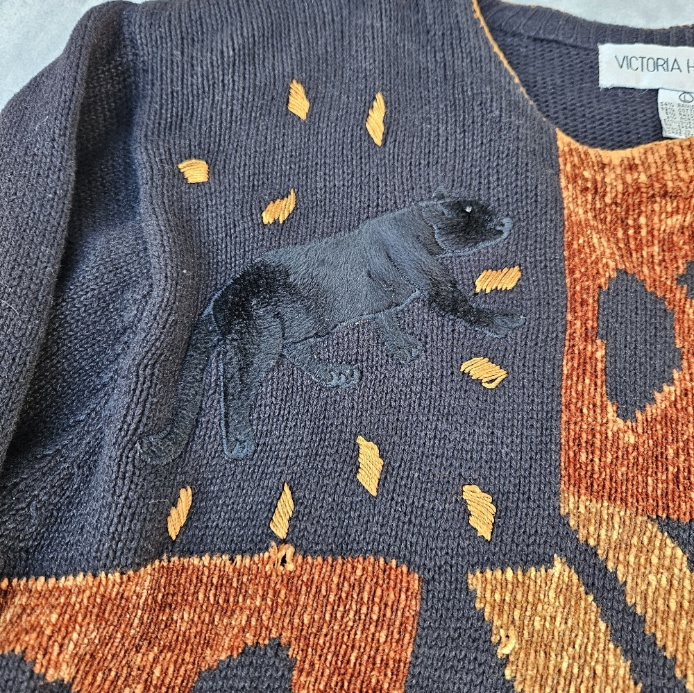 Vtg Victoria Harbour Animal Patchwork Sweater in Black and Burnt Orange Wmns L - Picture 3 of 12